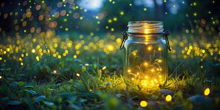 Aerial view of glowing glass jar of fireflies at night in summertime