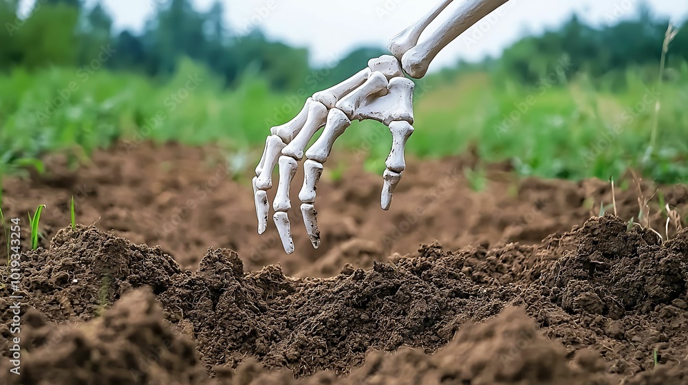 Poster exploring the intriguing connection between skeletons and nature in soil environments, spooky season