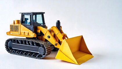 paper origami concept of a bulldozer, dozer or crawler, a large, motorized machine equipped with a metal blade to the front for pushing material like soil, sand, snow, rubble, or rock. Isolated white
