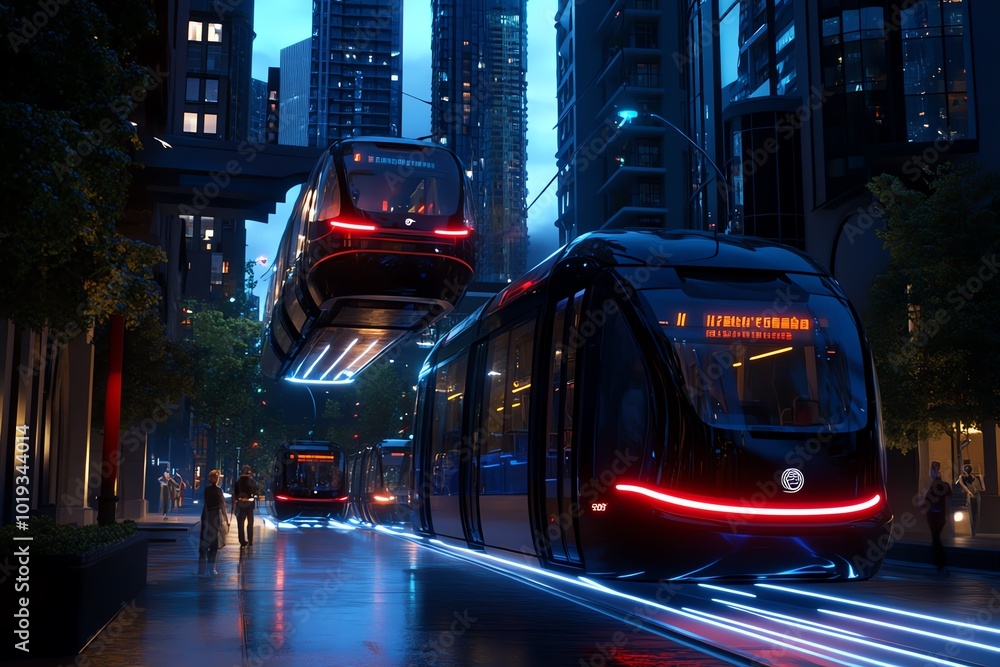 Poster fantasy depiction of a futuristic city where trams hover above the streets and buses glide on light 