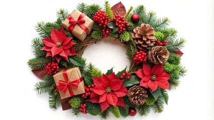 A Festive Wreath Embellished with Evergreen, Red Berries, Pine Cones, Poinsettia Blooms, and Wrapped Gifts