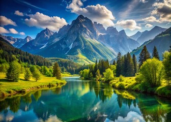 Serene Nature Wallpaper with Lush Greenery, Majestic Mountains, and Clear Blue Skies for Tranquility