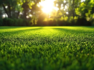 Fototapeta premium Close-up of lush green grass with the sun shining through the trees in the background.