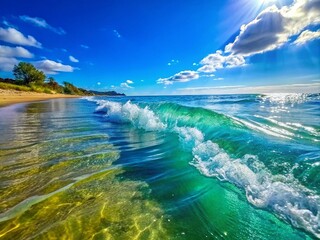 Serene Ocean Waves Gently Lapping Against the Shore Under a Clear Blue Sky on a Sunny Day