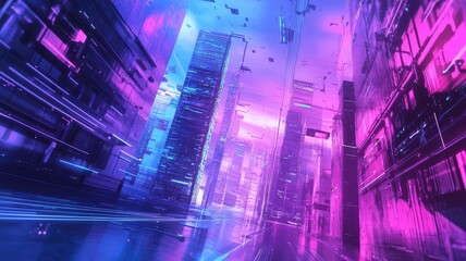 Naklejka premium Futuristic Cityscape with Neon Lights and Reflections
