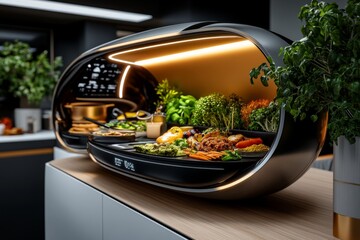 3D model of a futuristic kitchen where plant-based meals are being prepped with the help of smart cooking tools, capturing the future of vegan diets