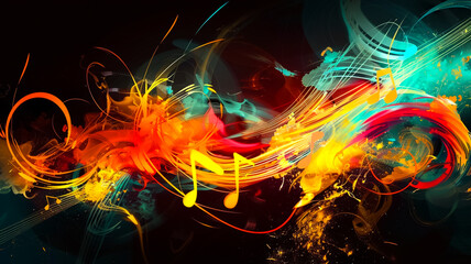 Obraz premium Vibrant musical notes floating in a dynamic, abstract music background. The colorful notes dance through the air, symbolizing the rhythm and flow of music in a lively, artistic scene.