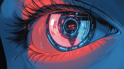 Obraz premium Futuristic Anime Eye Scanning Technology Vector Illustration with Augmented Contact Lens and Hologram Microchip in Minimalist Style