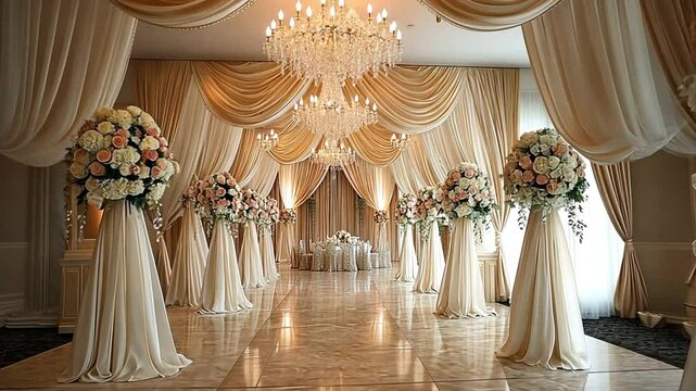 Elegant wedding venue adorned with floral arrangements and draped fabric footage
