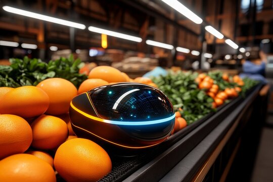 3D-rendered image of a smart village market where local farmers sell produce online through digital platforms, showcasing the economic opportunities created by rural innovation