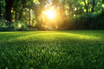 Naklejka premium Close-up of a lush green lawn bathed in warm sunlight, with a blurred forest backdrop.