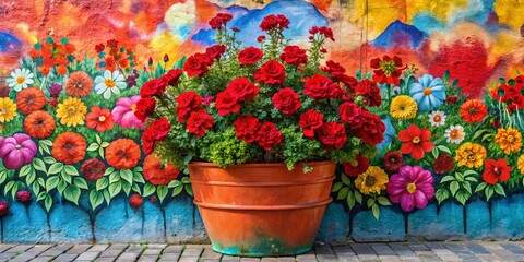A vibrant floral arrangement bursting with life in a terracotta pot, its bright blossoms a stark contrast against a painted wall adorned with a tapestry of colorful blooms.