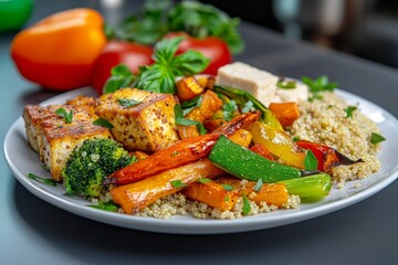 A colorful plate filled with roasted vegetables, quinoa, and a serving of vegan tofu, showcasing a balanced vegan meal