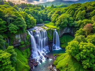 Naklejka premium Serene Uguisu Waterfall Cascading Through Lush Greenery in a Tranquil Natural Landscape Setting