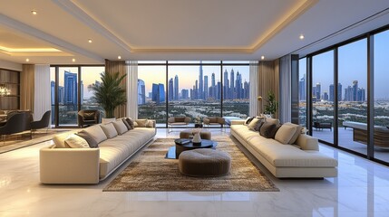Sophisticated Elegance: Luxurious Penthouse Living Room Interior with Skyline Views in Dubai