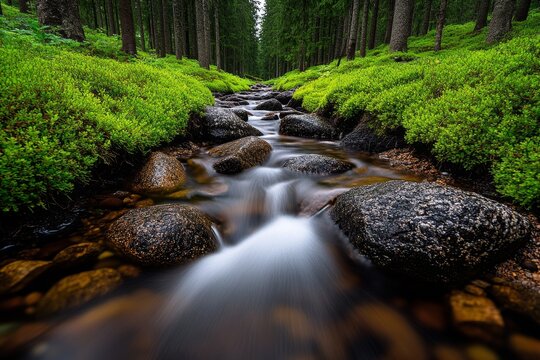 A gentle stream flowing through a forest, with every element in harmony, symbolizing the balance and oneness of nature as seen in monism