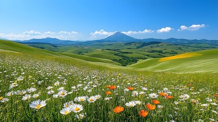A field of daisies and wildflowers in a lush green valley, with a mountain range in the background.