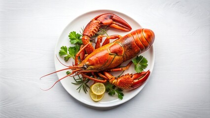 Aerial view of gourmet baked lobster on a plate, isolated on white background