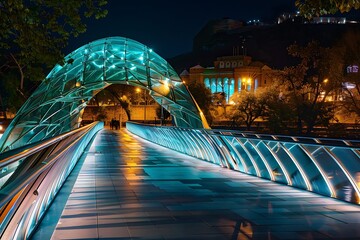 Bridge over the river at night in Tbilisi, Georgia.