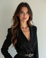 Stylish Woman in Black Suit with Long Wavy Hair