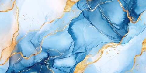 Naklejka premium Abstract blue and gold watercolor background with flowing lines and delicate gold flecks.
