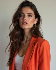 Elegant Woman in Orange Blazer Posing Confidently