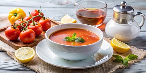 A bowl of vibrant red soup garnished with fresh basil, accompanied by a cluster of ripe tomatoes, a lemon wedge, and a delicate pitcher of amber liquid.