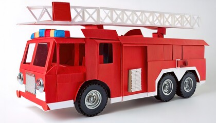 paper origami concept of a fire engine truck or firetruck, a vehicle, usually a specially designed or modified truck, that functions as a firefighting apparatus to put out fire. Isolated on white