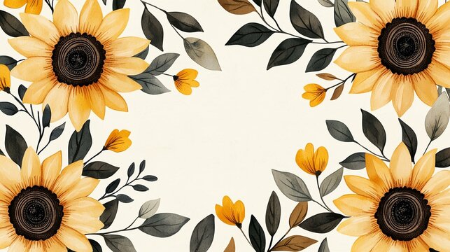 Elegant floral frame with sunflowers and leaves on a soft background. Perfect for invitations, greeting cards, and decorative designs.