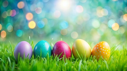 Vibrant Easter Eggs Nestled in Lush Green Grass with a Softly Blurred Background of Colorful Lights