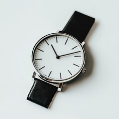 Classic Minimalist Black Leather Watch on White Background