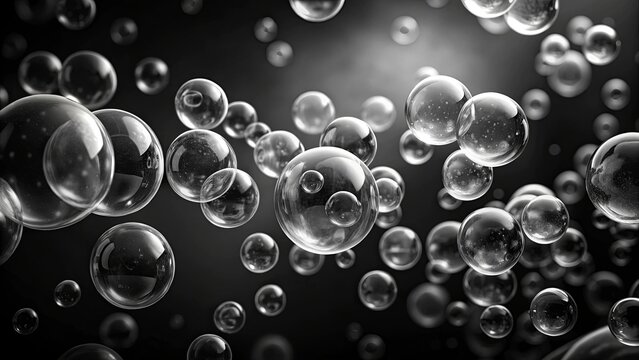 A symphony of shimmering spheres, a captivating display of spherical harmony, dancing in a void of darkness, a visual representation of fragile beauty, a mesmerizing exploration of form and light.