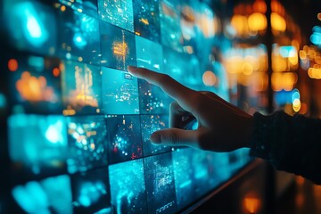 Hand interacting with digital screens, vibrant technology display.