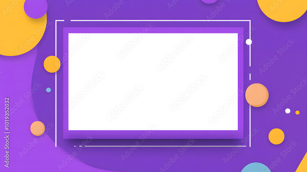 Poster a purple background design with a white rectangular box in the middle design, simple vector shapes d