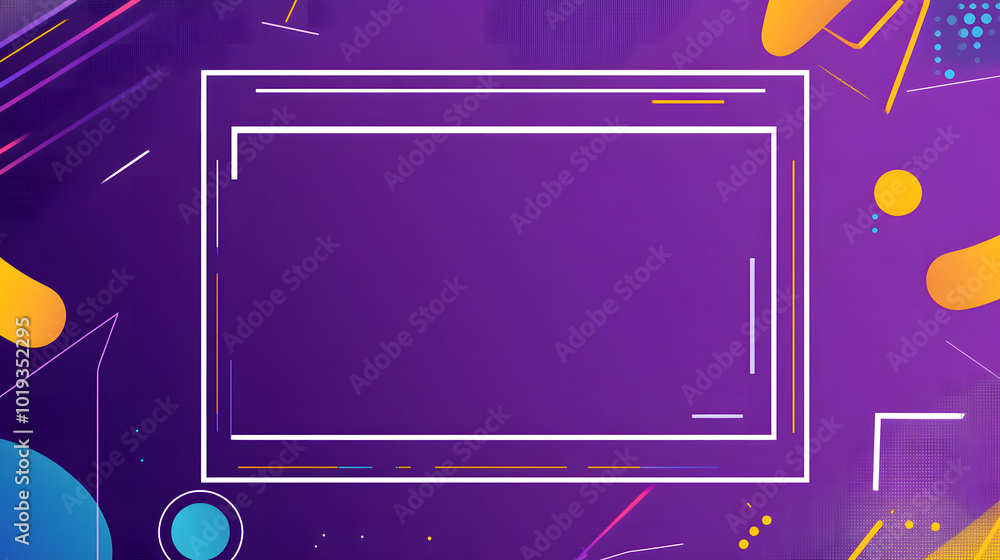 Poster a purple background design with a white rectangular box in the middle design, simple vector shapes d
