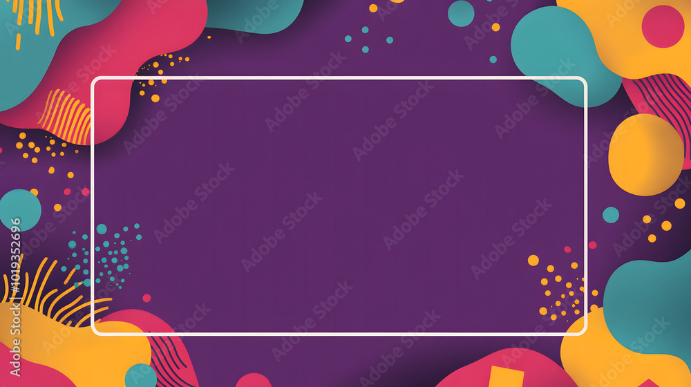 Poster a purple background design with a white rectangular box in the middle design, simple vector shapes d