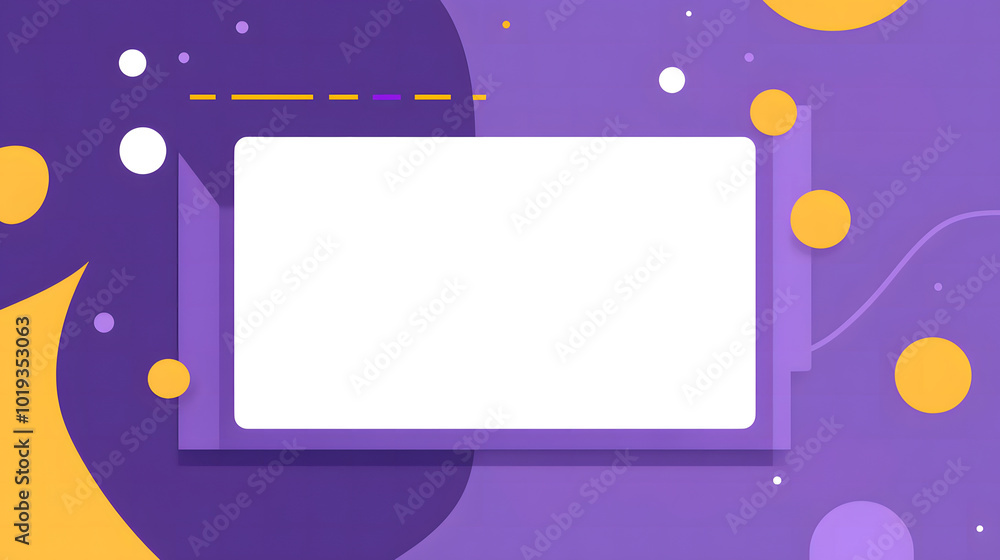 Poster a purple background design with a white rectangular box in the middle design, simple vector shapes d