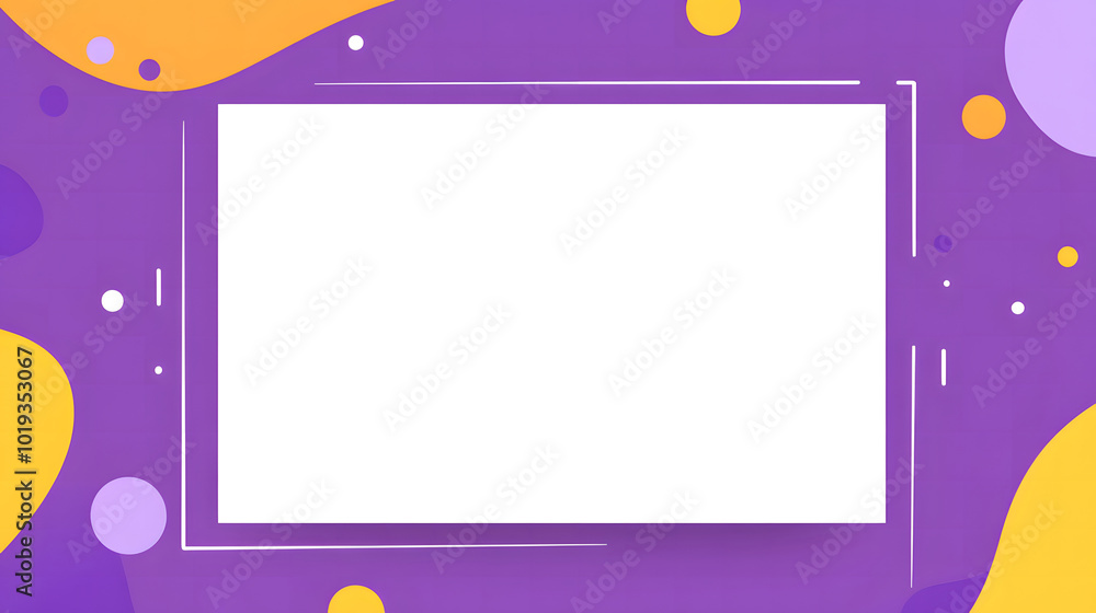 Poster a purple background design with a white rectangular box in the middle design, simple vector shapes d