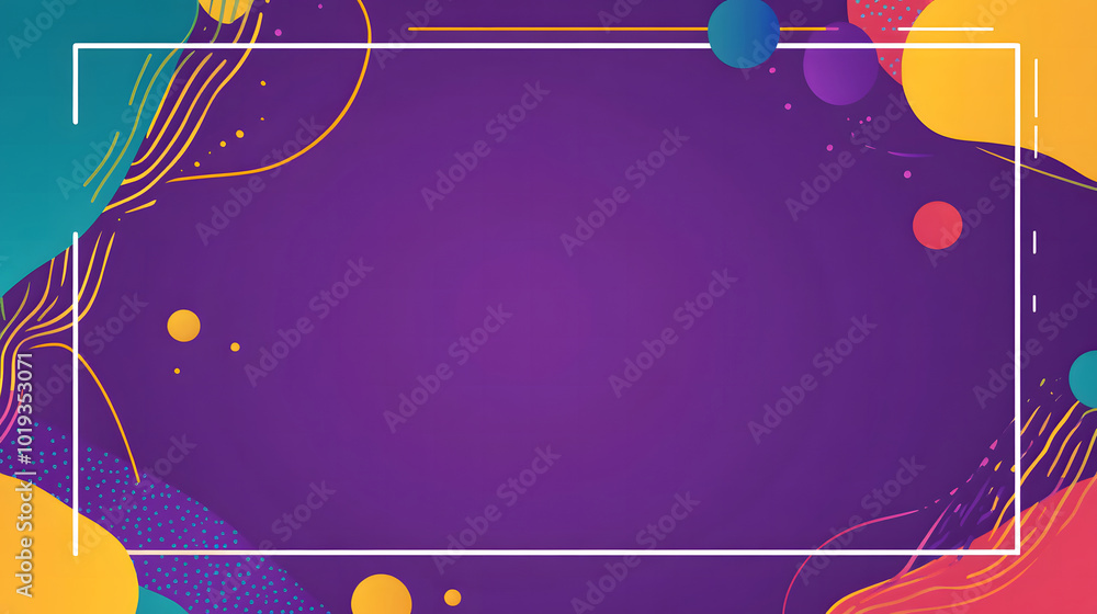 Poster a purple background design with a white rectangular box in the middle design, simple vector shapes d