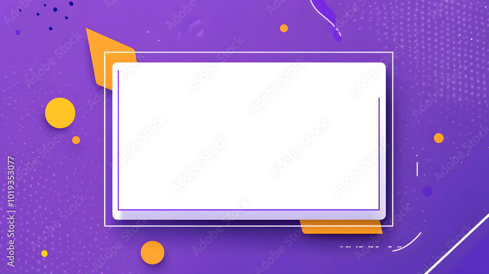 Poster a purple background design with a white rectangular box in the middle design, simple vector shapes d