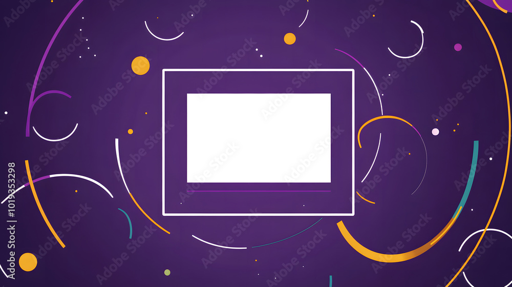 Poster a purple background design with a white rectangular box in the middle design, simple vector shapes d
