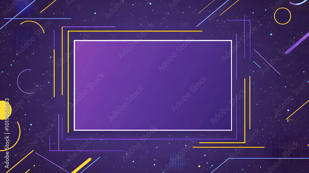 Poster a purple background design with a white rectangular box in the middle design, simple vector shapes d