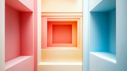 Abstract Colorful Wall with Recessed Niches and Geometric Shapes