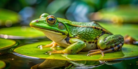 Obraz premium Side View of a Green Frog Sitting on a Leaf in a Natural Pond Environment with Reflection