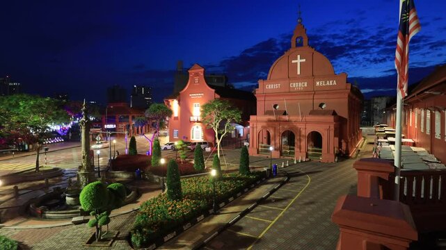 Historic malaysian colonial city Melacca &ndash; red square Dutch architecture tourism 4k.
