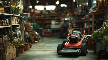 Fototapeta premium Red Lawn Mower in a Garage