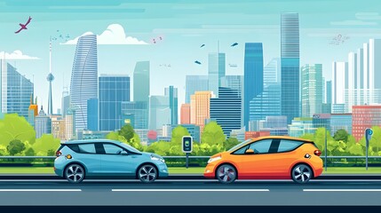29. A dynamic cityscape with electric vehicles on the road