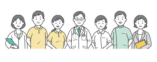 地域の社会福祉を支える医師と看護師と介護士とケアマネージャーが集合した上半身イラスト