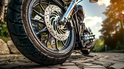 Close-up of the rear wheel of a custom motorcycle