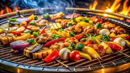 Sizzling Golden Grill with Fresh Ingredients at a Mongolian BBQ Restaurant Ready for Cooking
